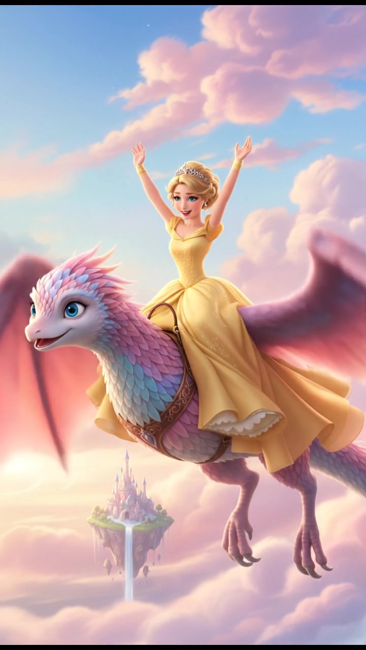 riding on a giant bird or dragon across a pastel sky, joyful and adventurous