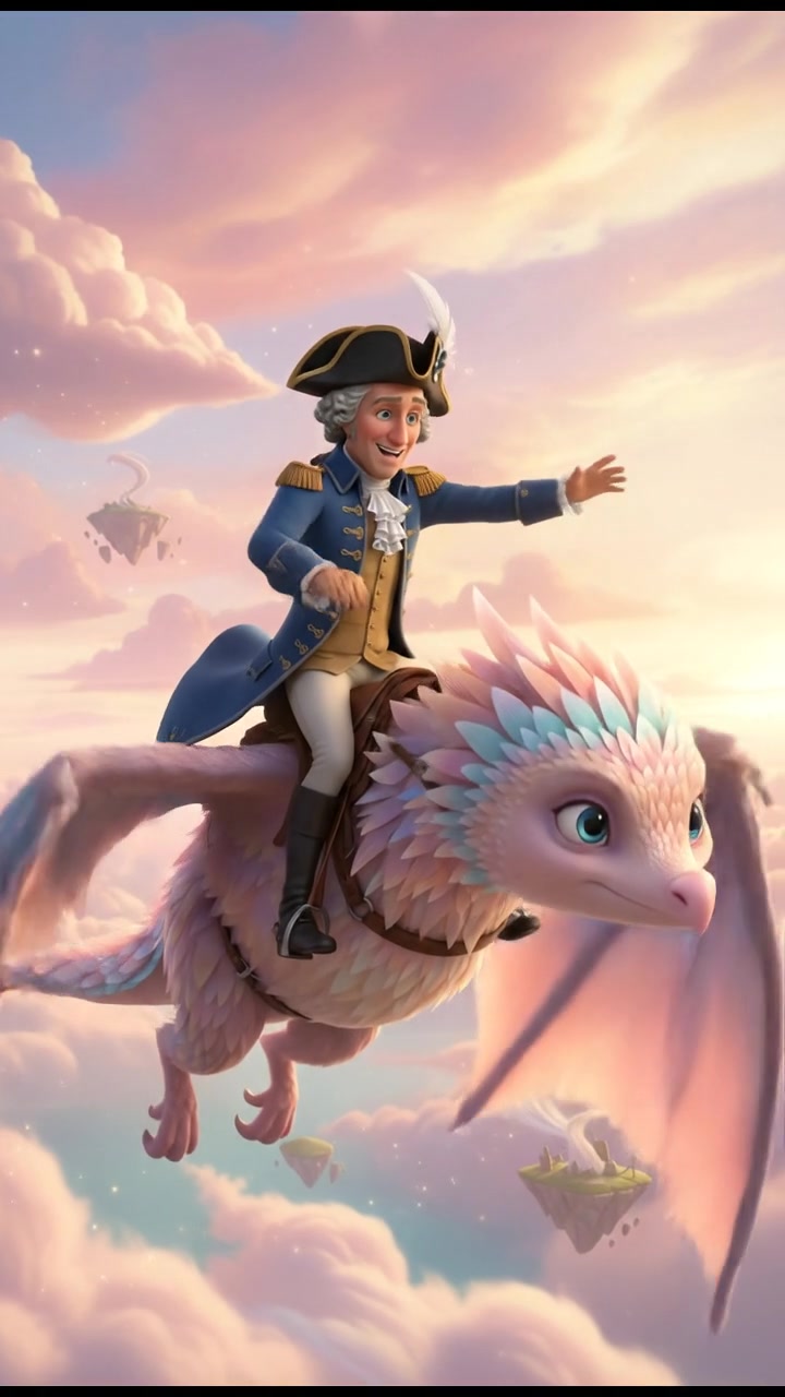 riding on a giant bird or dragon across a pastel sky, joyful and adventurous