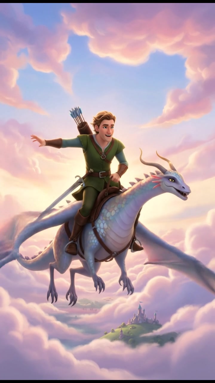 riding on a giant bird or dragon across a pastel sky, joyful and adventurous