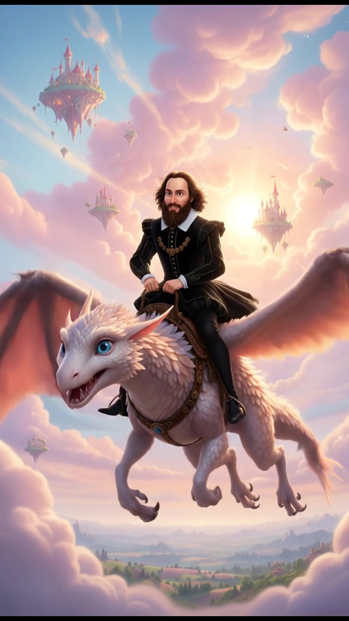 riding on a giant bird or dragon across a pastel sky, joyful and adventurous