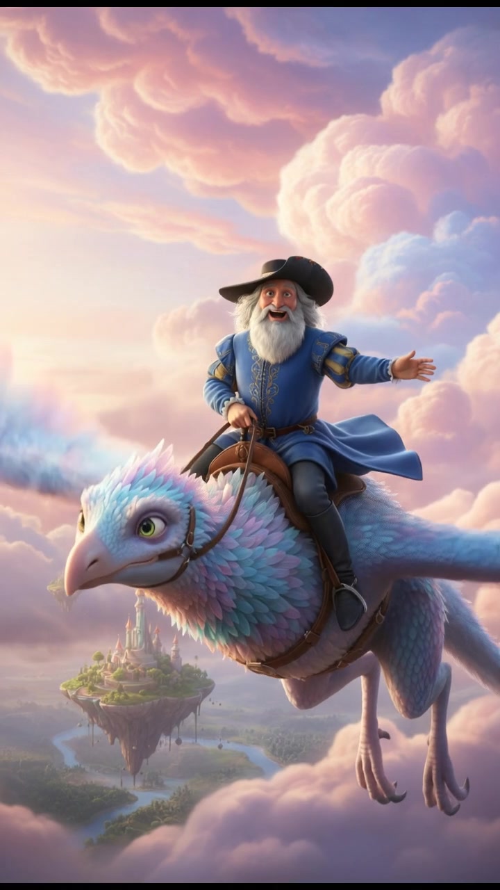 riding on a giant bird or dragon across a pastel sky, joyful and adventurous