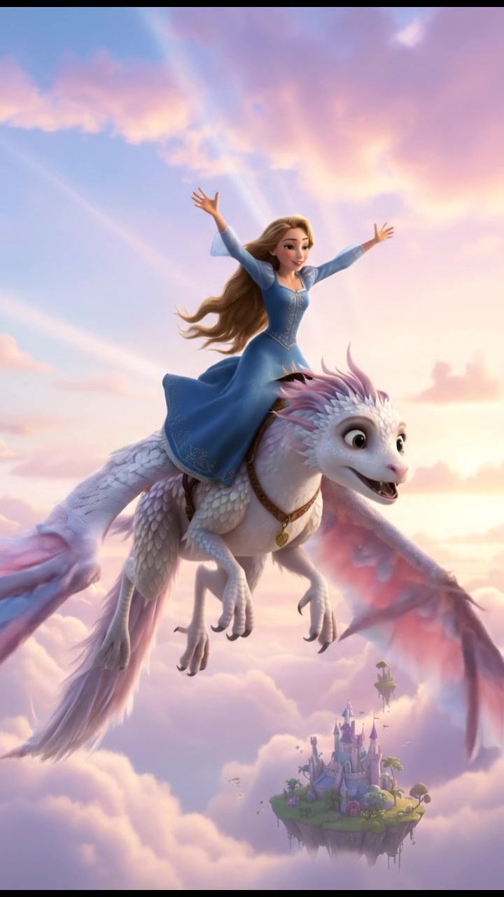 riding on a giant bird or dragon across a pastel sky, joyful and adventurous