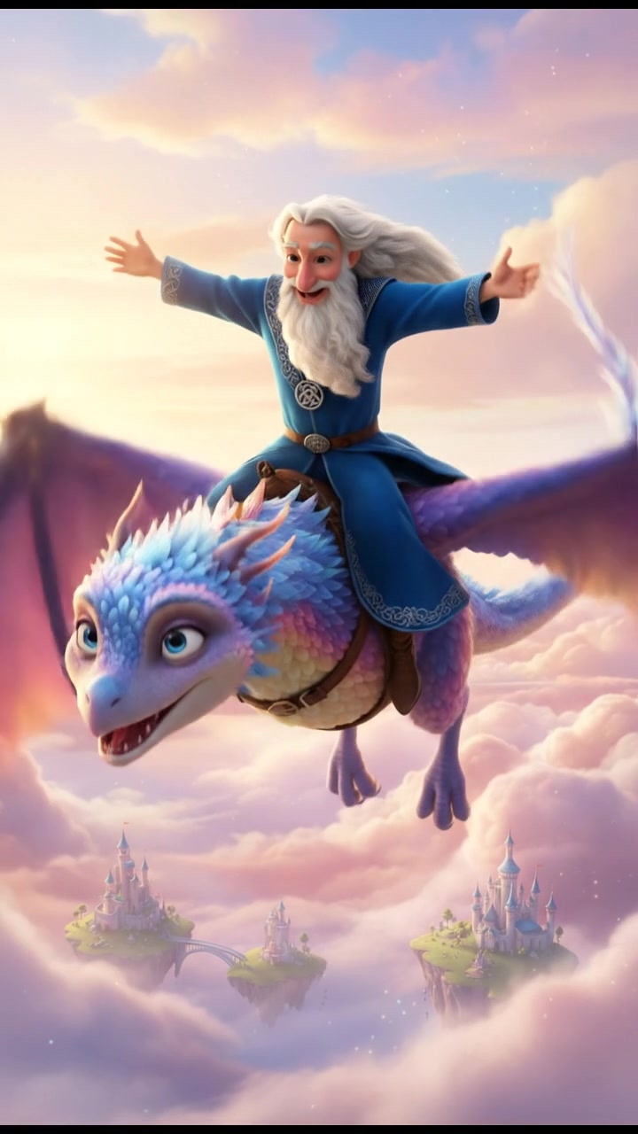 riding on a giant bird or dragon across a pastel sky, joyful and adventurous