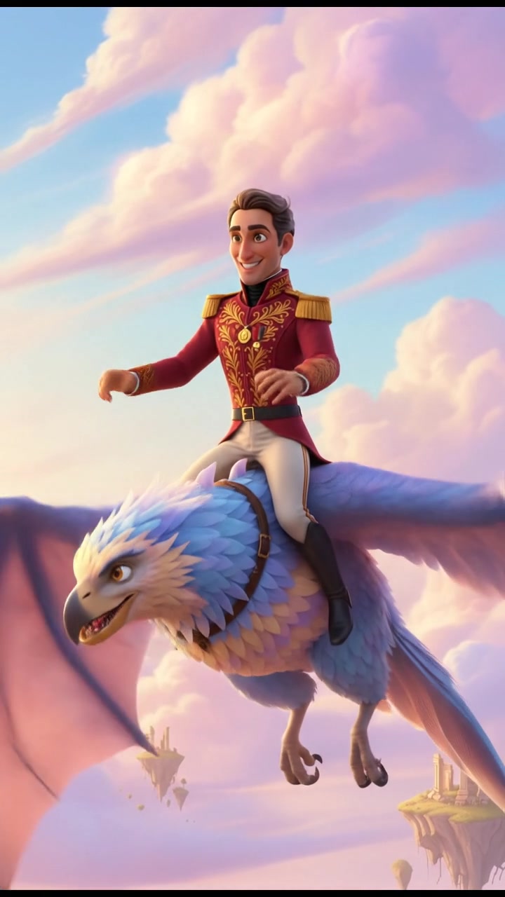 riding on a giant bird or dragon across a pastel sky, joyful and adventurous