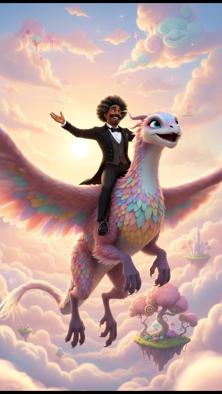 riding on a giant bird or dragon across a pastel sky, joyful and adventurous