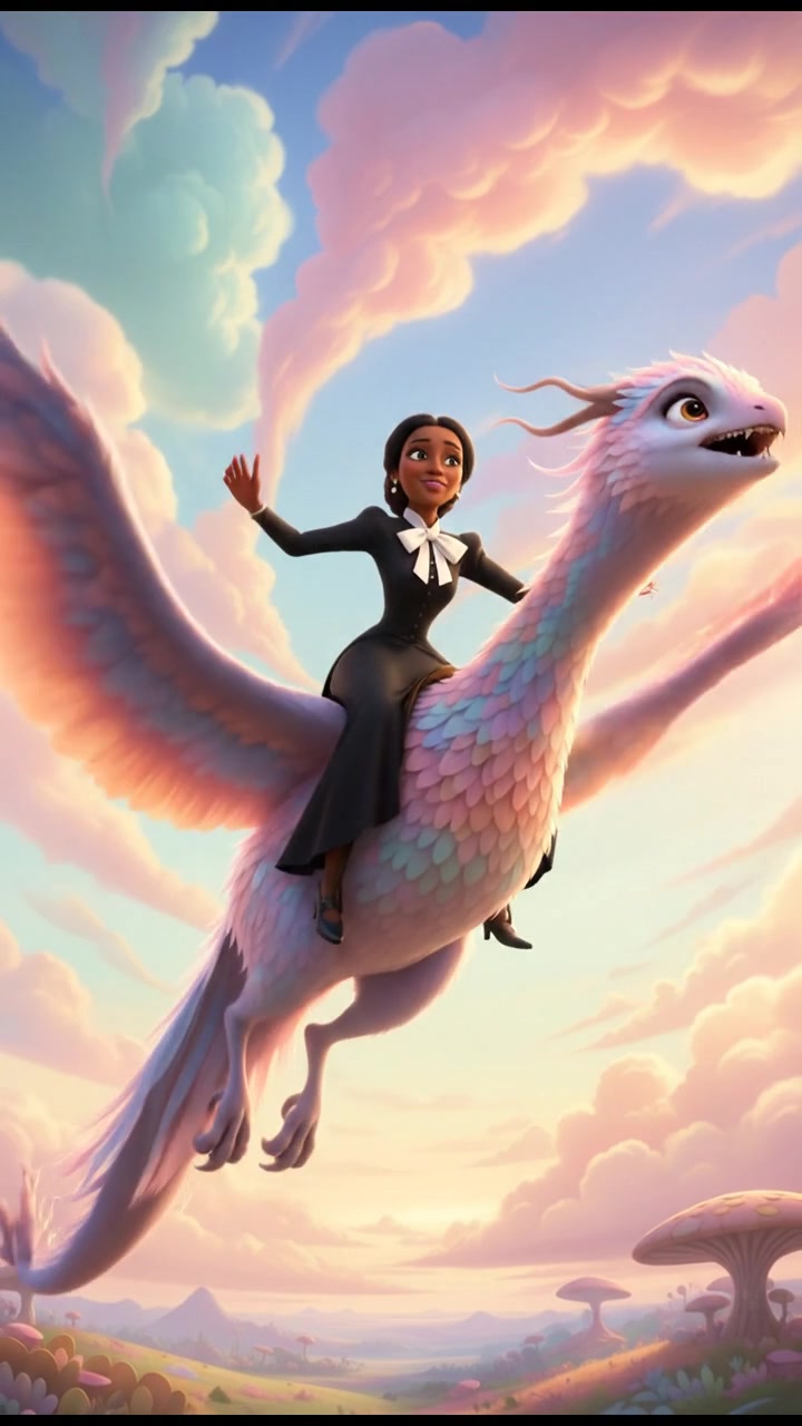 riding on a giant bird or dragon across a pastel sky, joyful and adventurous