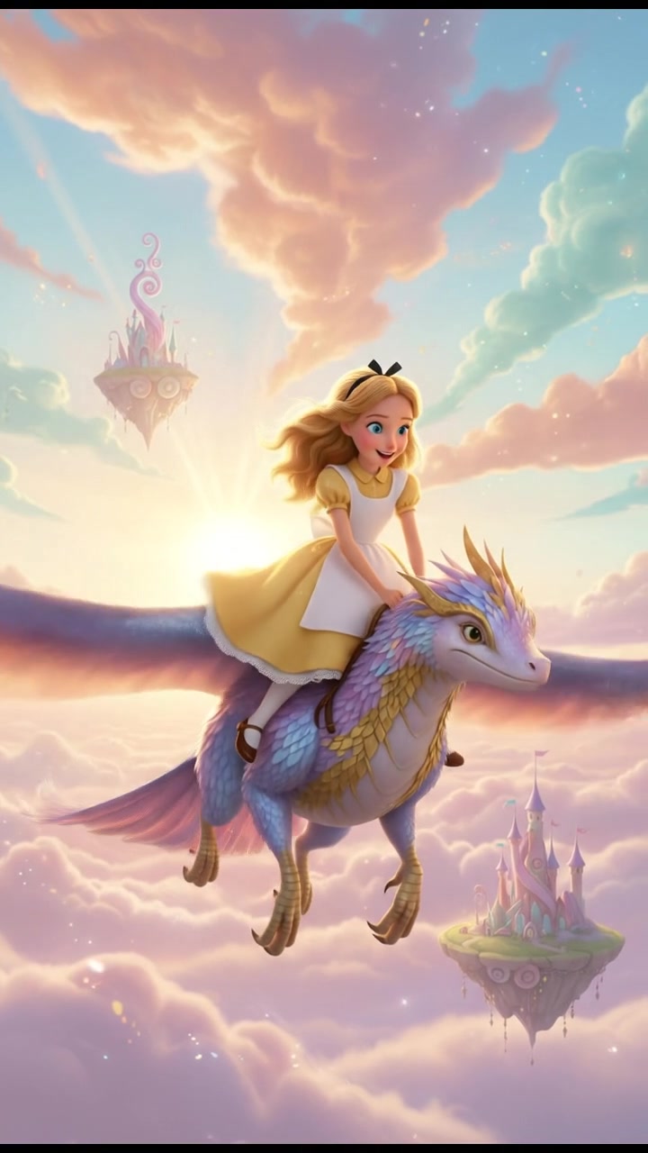 riding on a giant bird or dragon across a pastel sky, joyful and adventurous