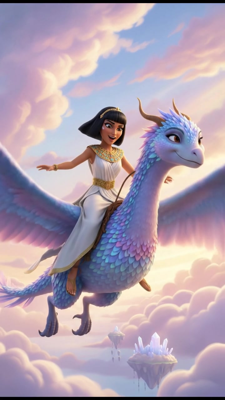 riding on a giant bird or dragon across a pastel sky, joyful and adventurous