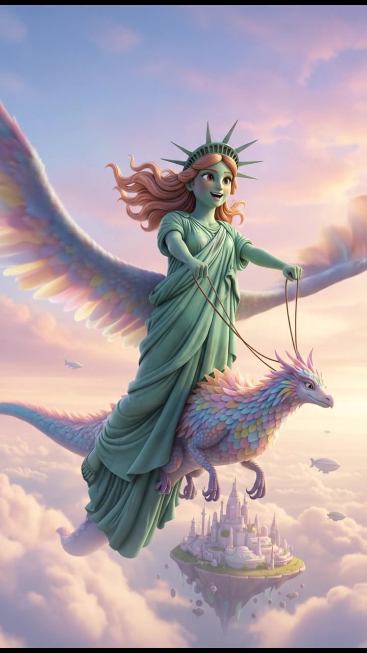 riding on a giant bird or dragon across a pastel sky, joyful and adventurous