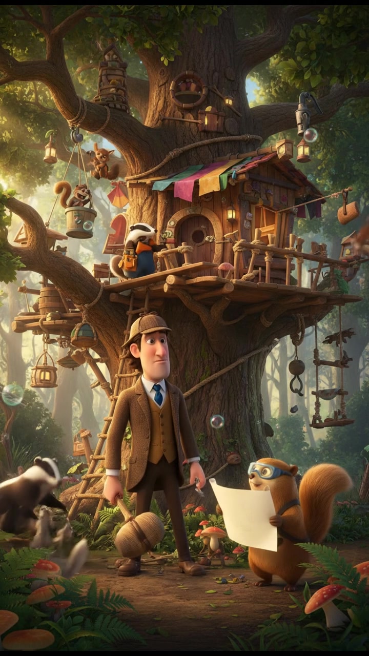 helping a group of talking animals build a treehouse, teamwork and laughter