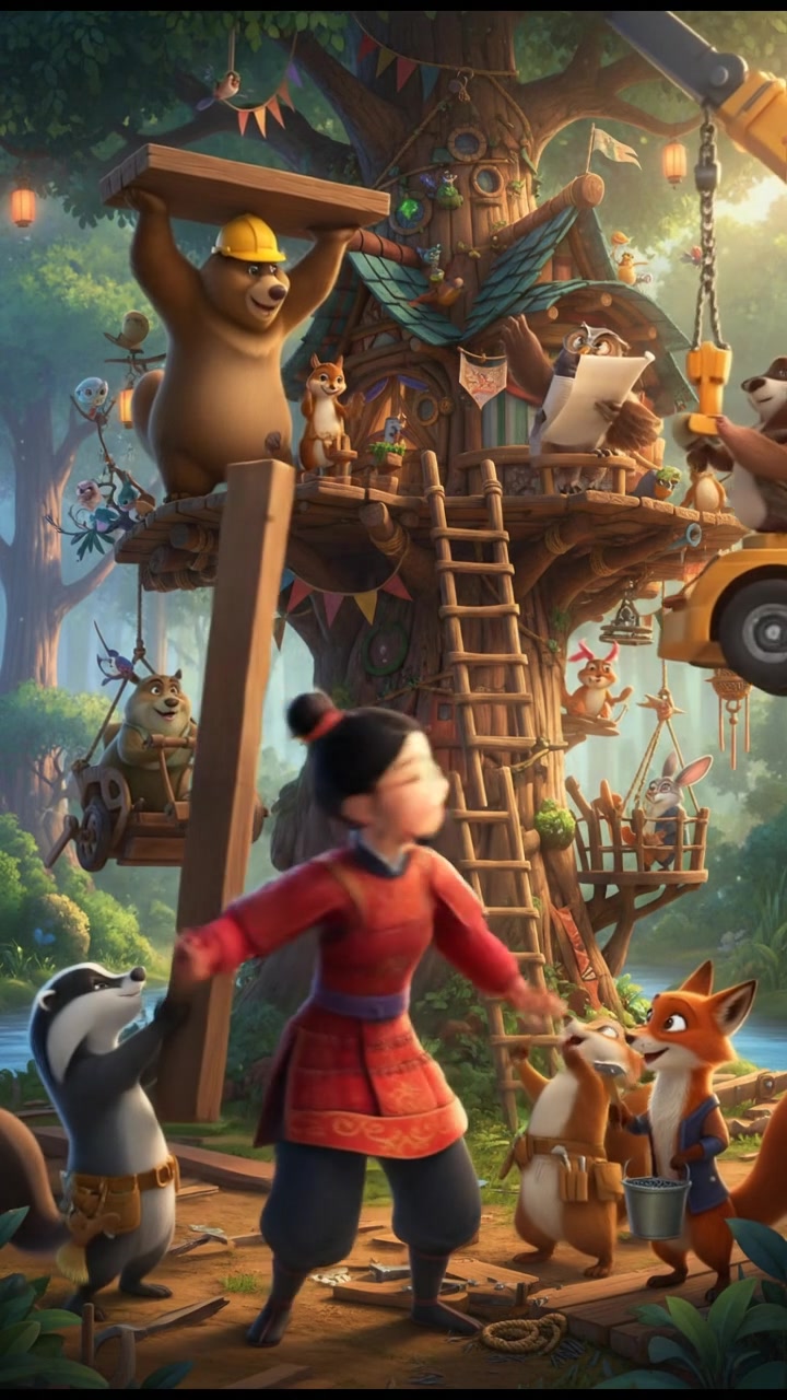 helping a group of talking animals build a treehouse, teamwork and laughter