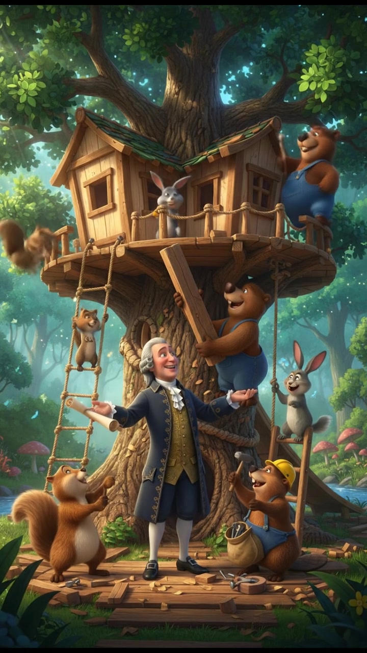 helping a group of talking animals build a treehouse, teamwork and laughter