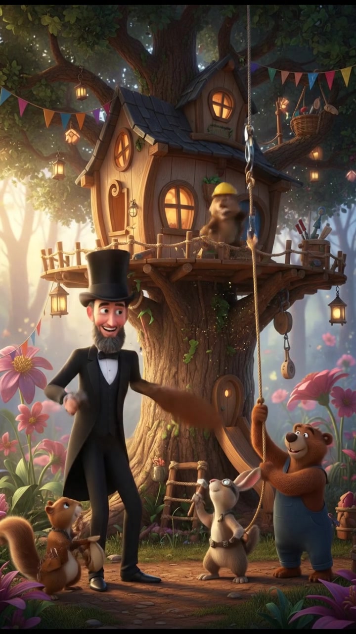 helping a group of talking animals build a treehouse, teamwork and laughter