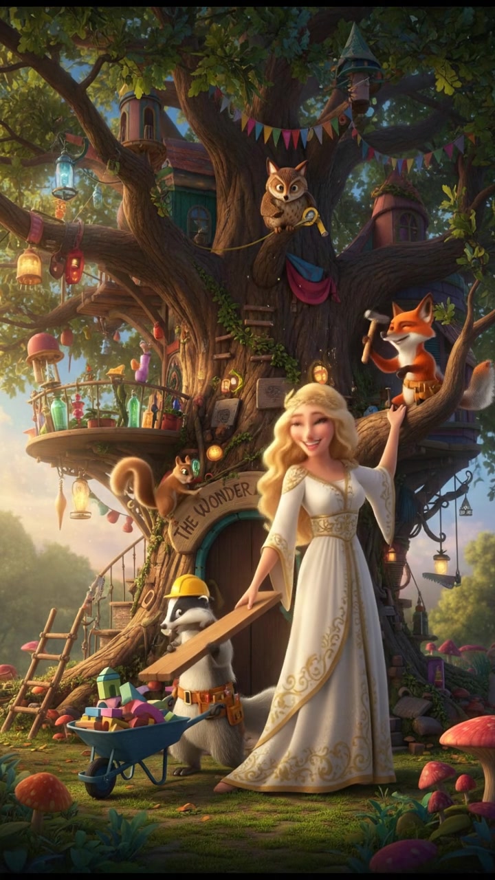 helping a group of talking animals build a treehouse, teamwork and laughter