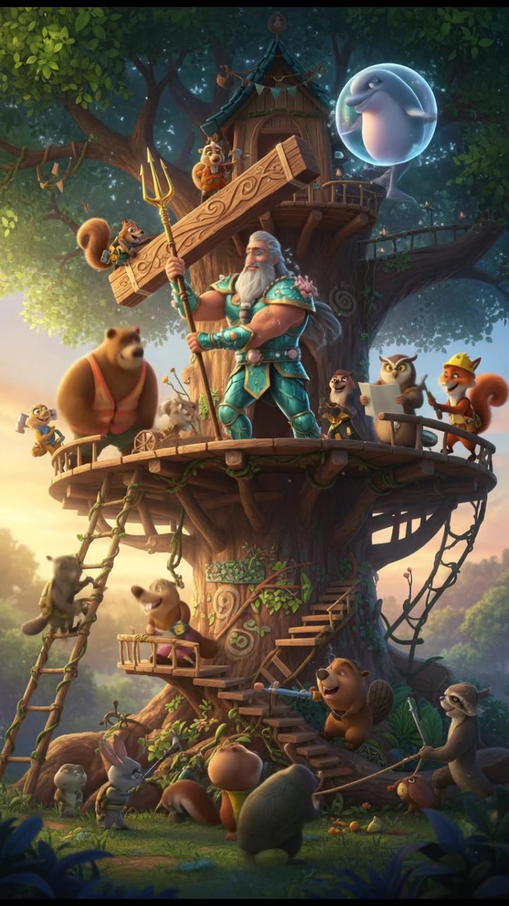 helping a group of talking animals build a treehouse, teamwork and laughter