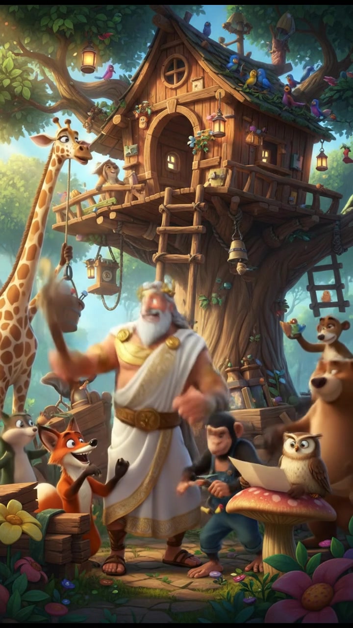 helping a group of talking animals build a treehouse, teamwork and laughter