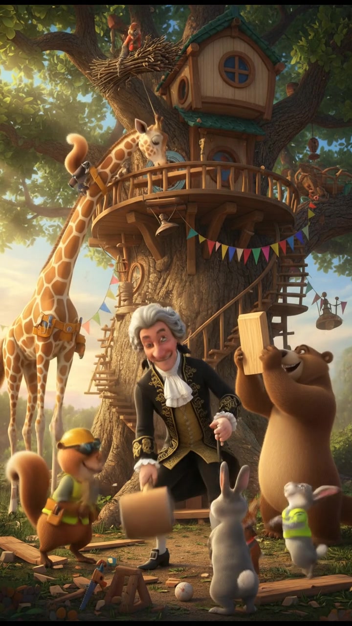 helping a group of talking animals build a treehouse, teamwork and laughter