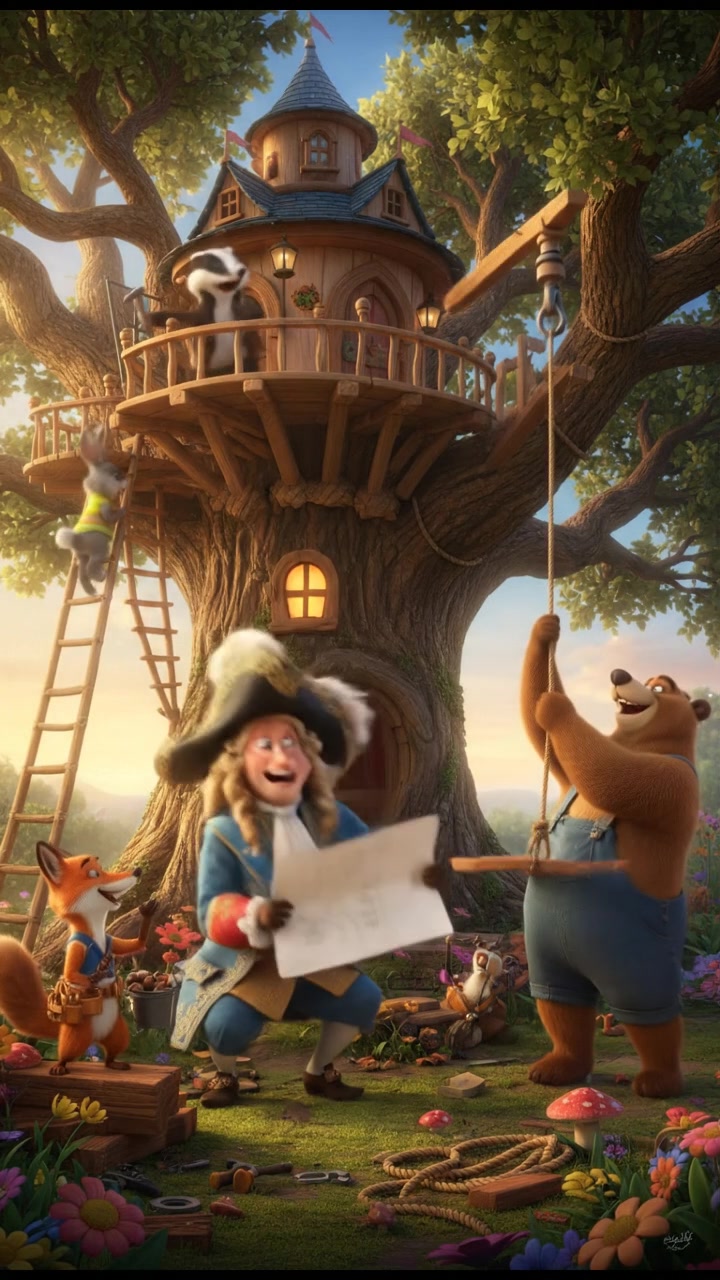 helping a group of talking animals build a treehouse, teamwork and laughter