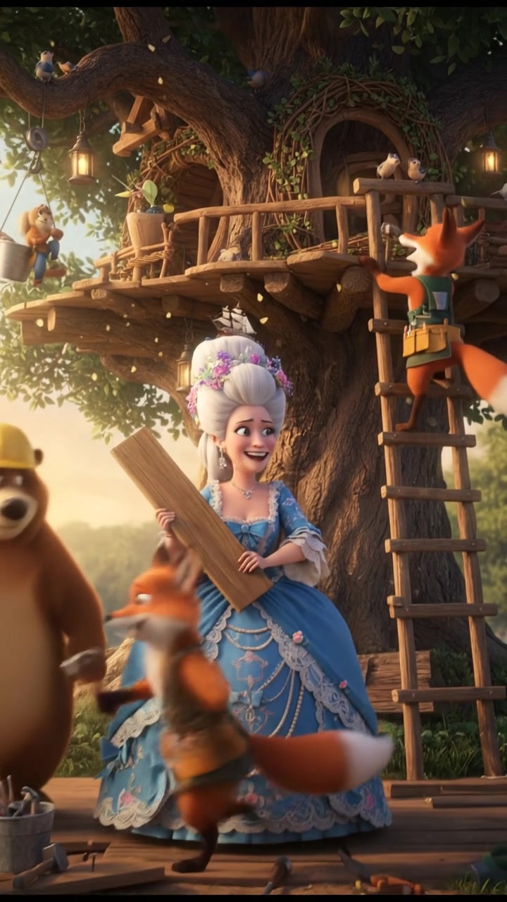 helping a group of talking animals build a treehouse, teamwork and laughter