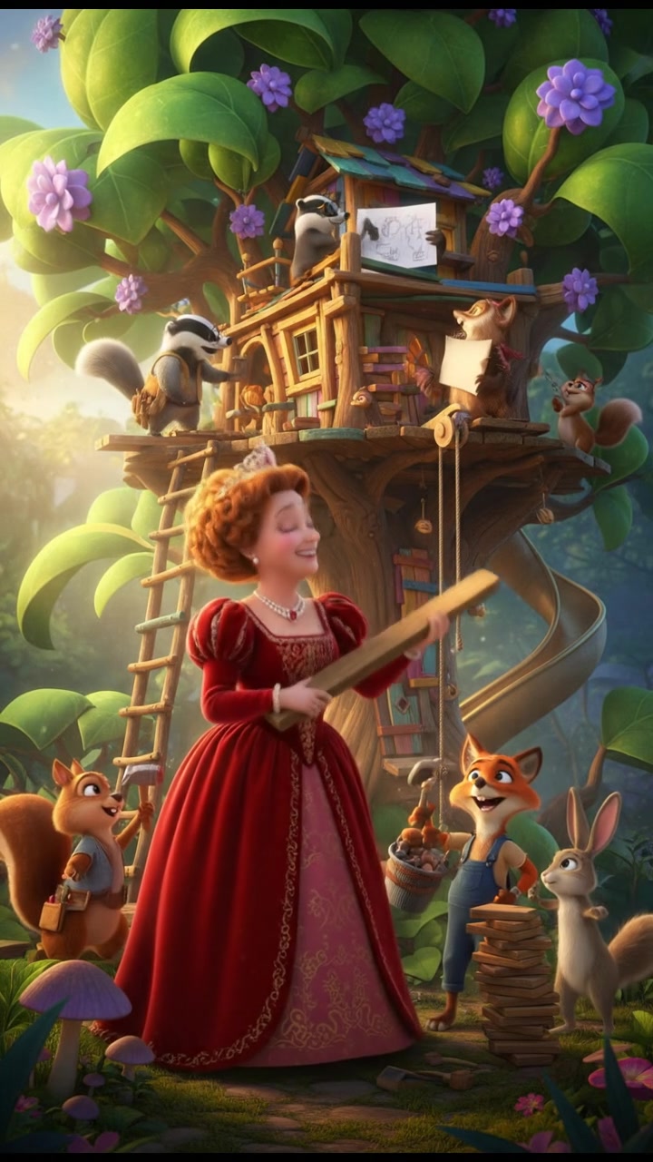 helping a group of talking animals build a treehouse, teamwork and laughter