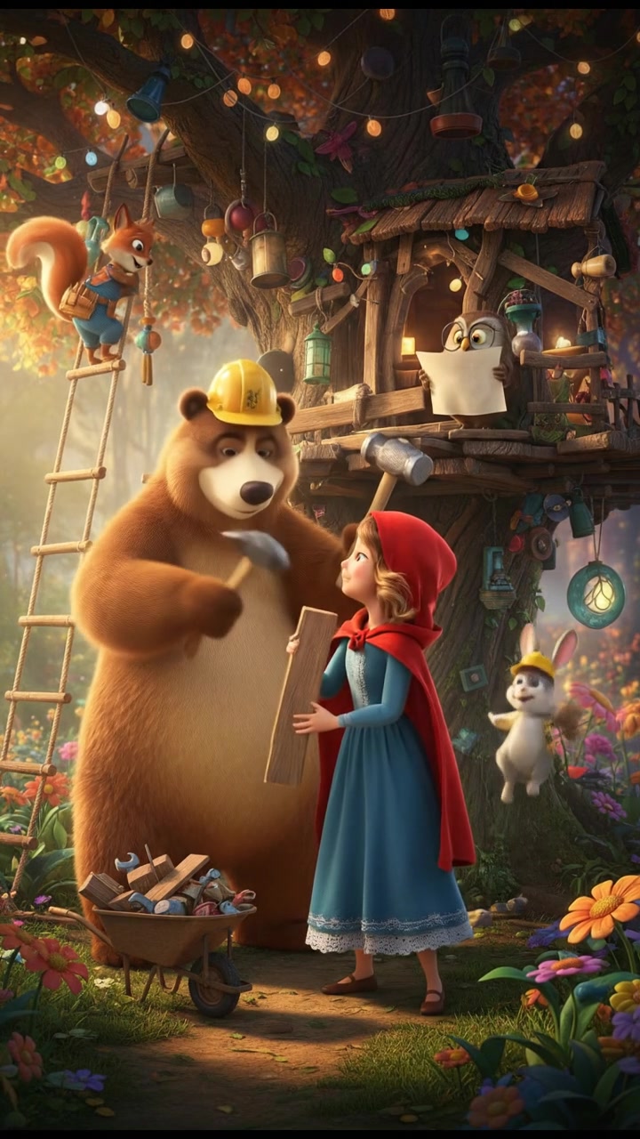 helping a group of talking animals build a treehouse, teamwork and laughter