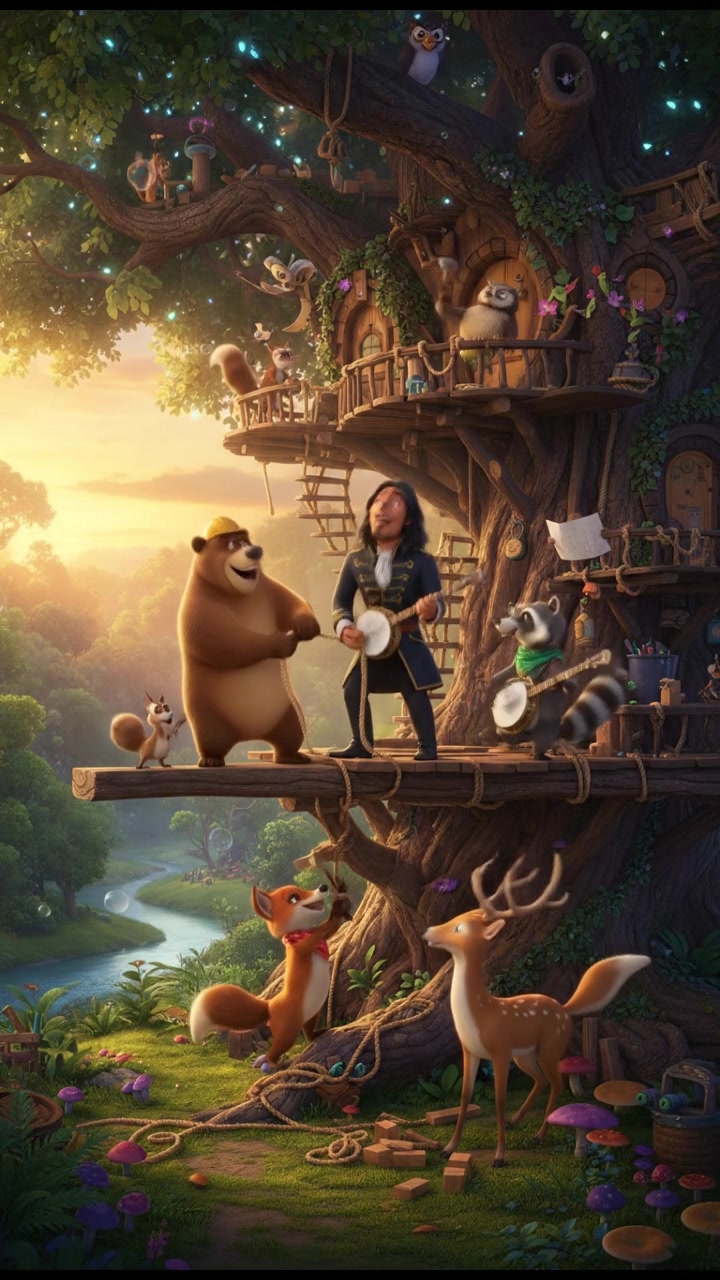 helping a group of talking animals build a treehouse, teamwork and laughter