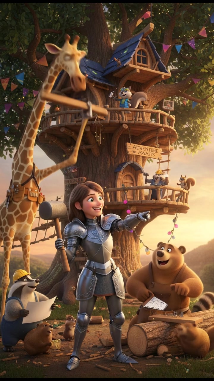 helping a group of talking animals build a treehouse, teamwork and laughter