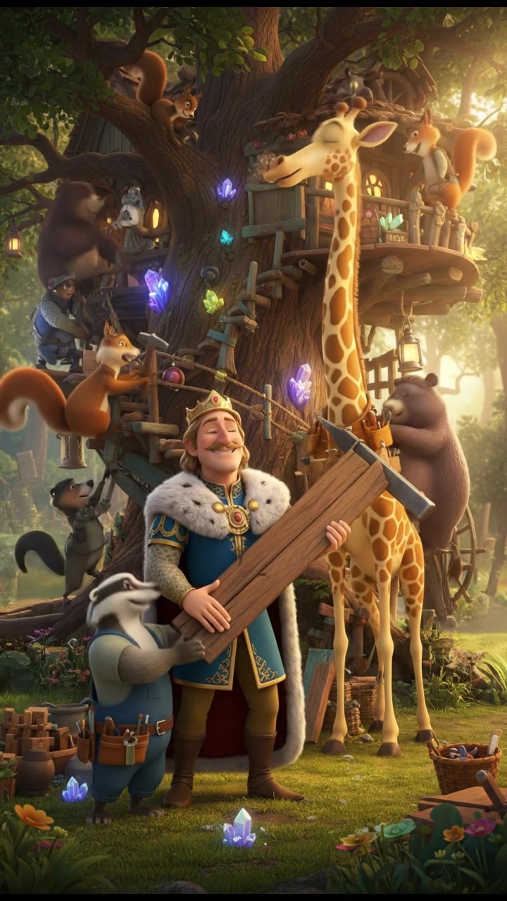 helping a group of talking animals build a treehouse, teamwork and laughter
