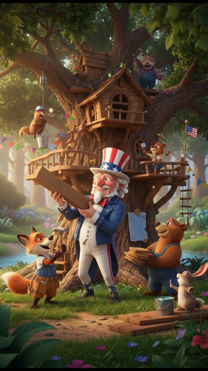 helping a group of talking animals build a treehouse, teamwork and laughter