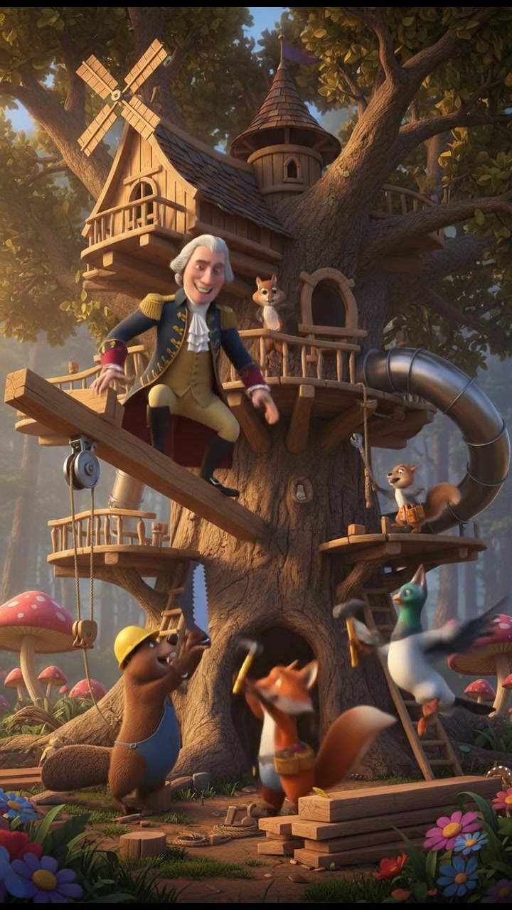 helping a group of talking animals build a treehouse, teamwork and laughter