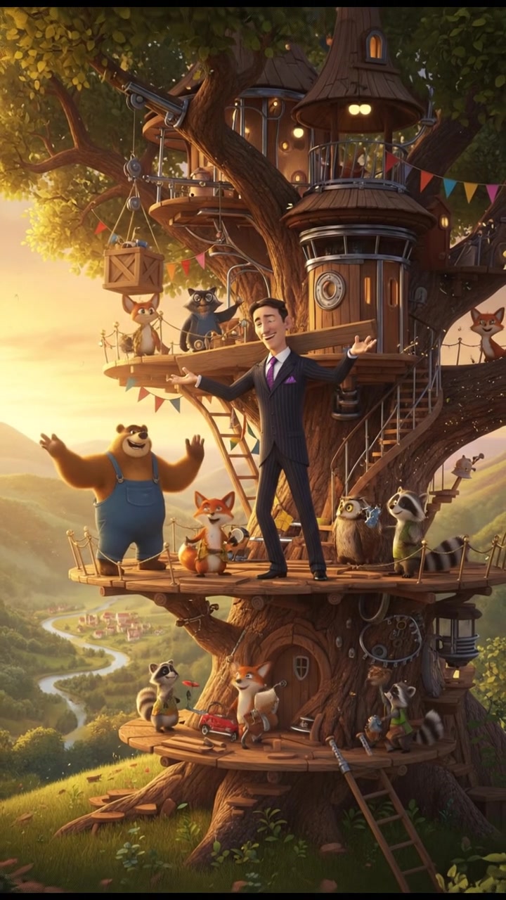 helping a group of talking animals build a treehouse, teamwork and laughter