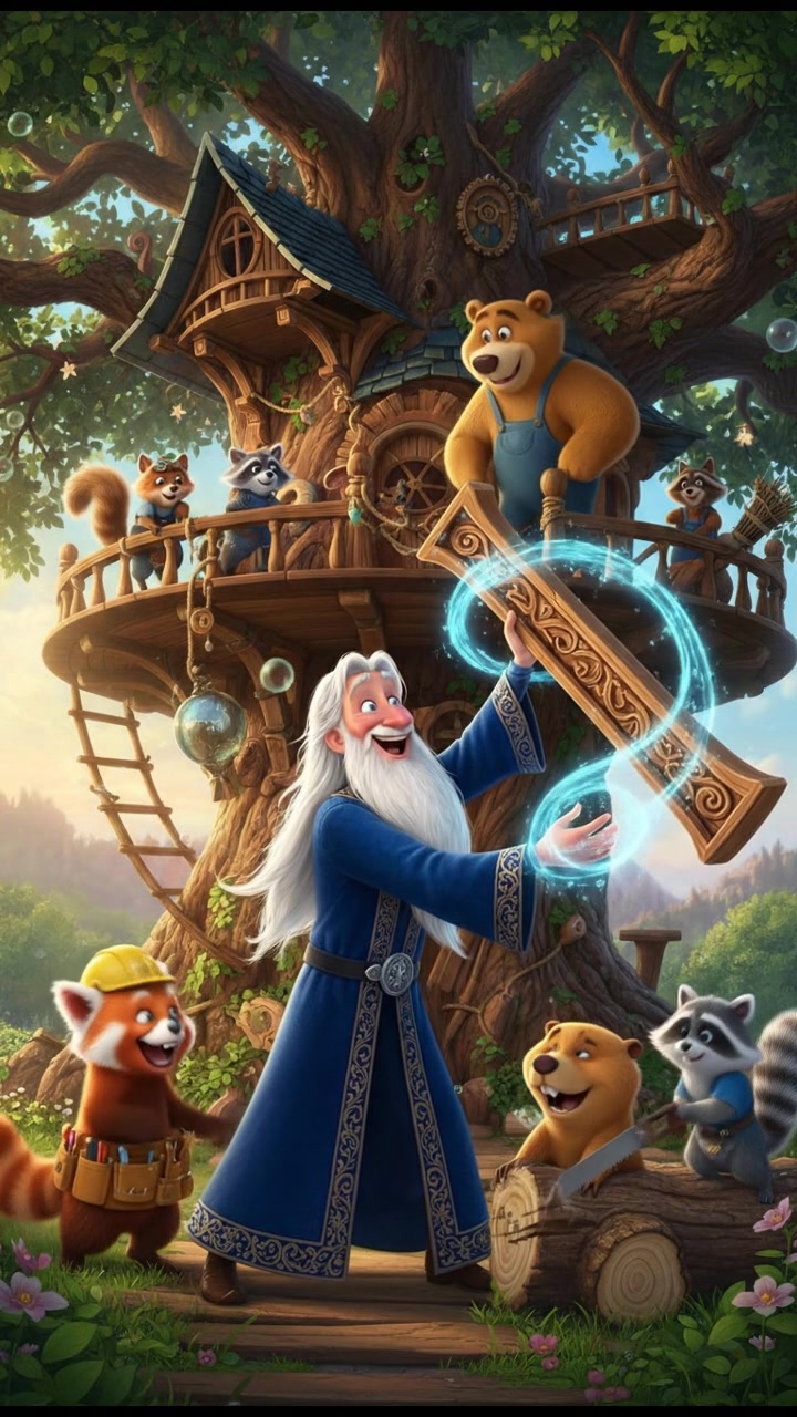 helping a group of talking animals build a treehouse, teamwork and laughter