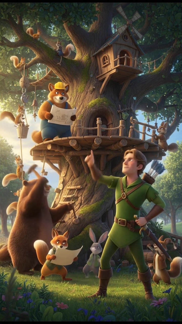 helping a group of talking animals build a treehouse, teamwork and laughter