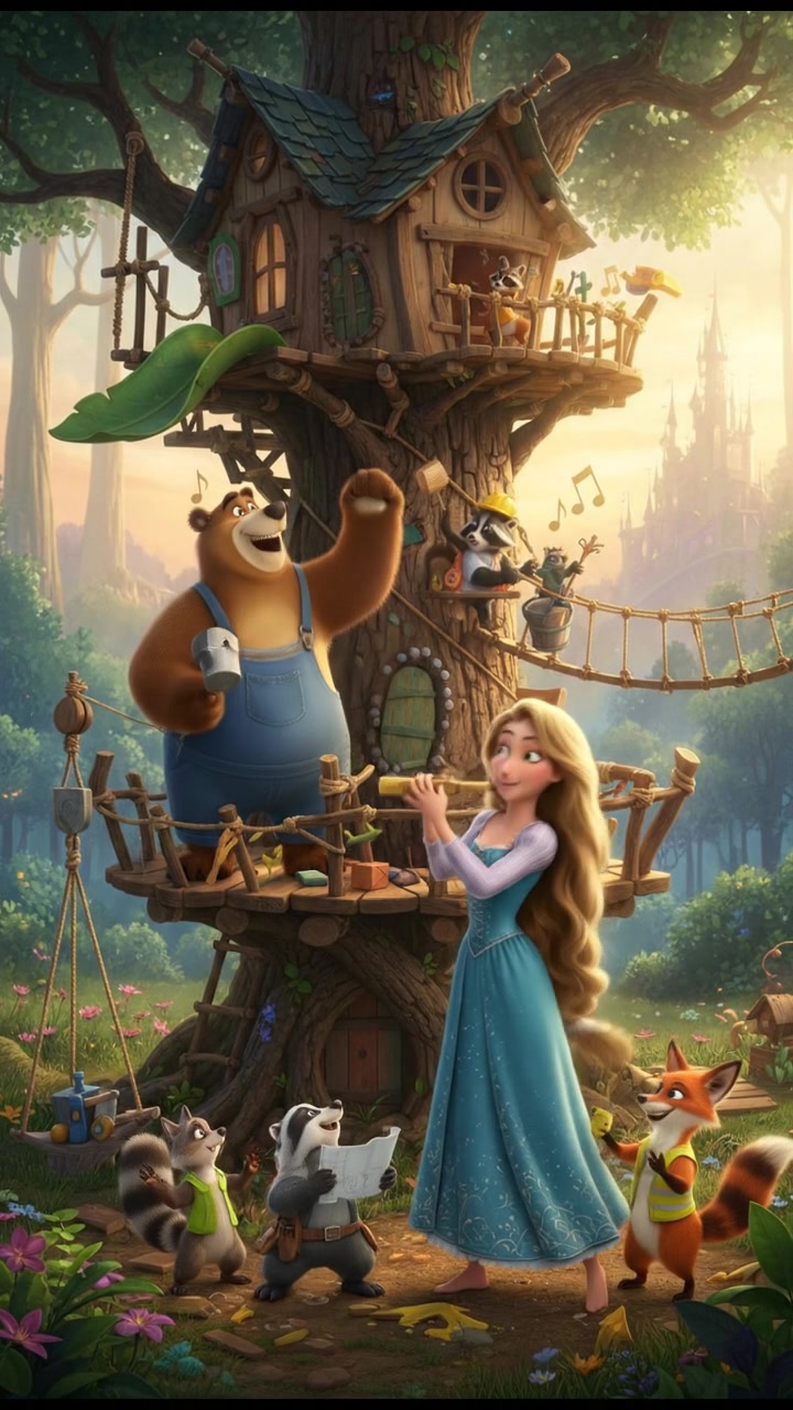 helping a group of talking animals build a treehouse, teamwork and laughter