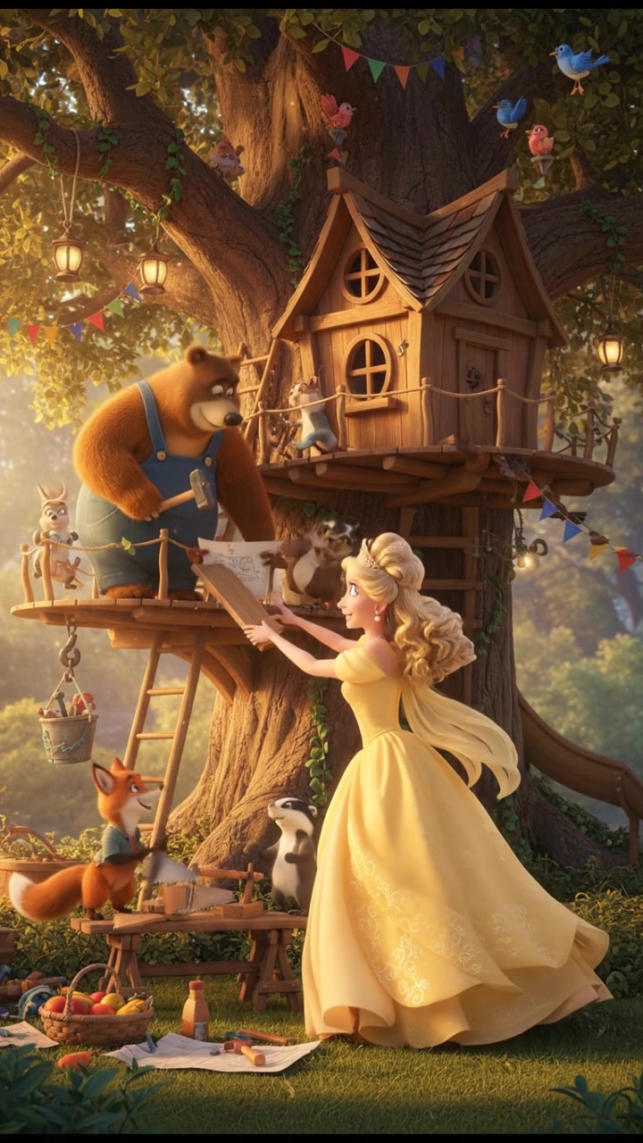 helping a group of talking animals build a treehouse, teamwork and laughter