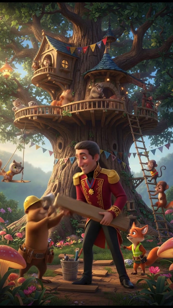 helping a group of talking animals build a treehouse, teamwork and laughter