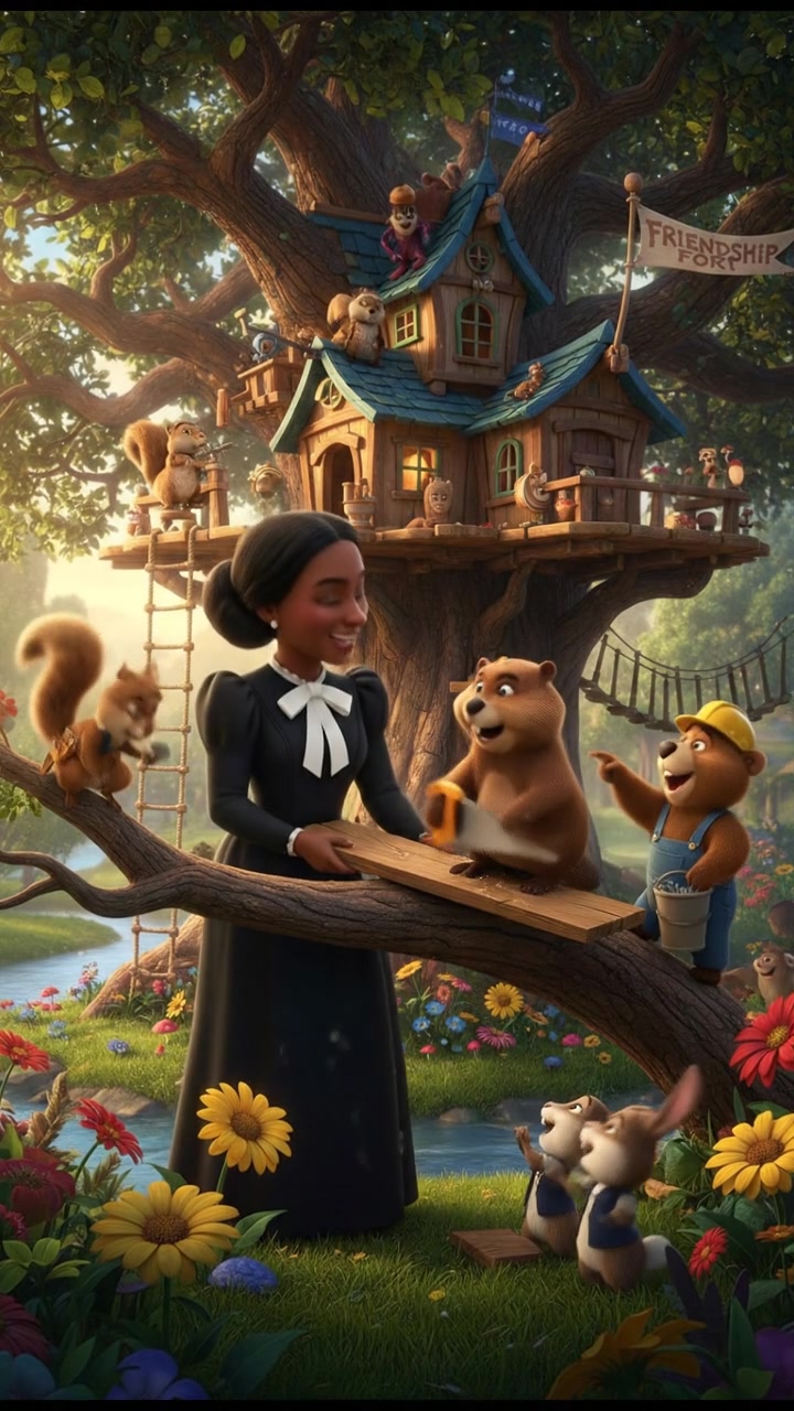 helping a group of talking animals build a treehouse, teamwork and laughter