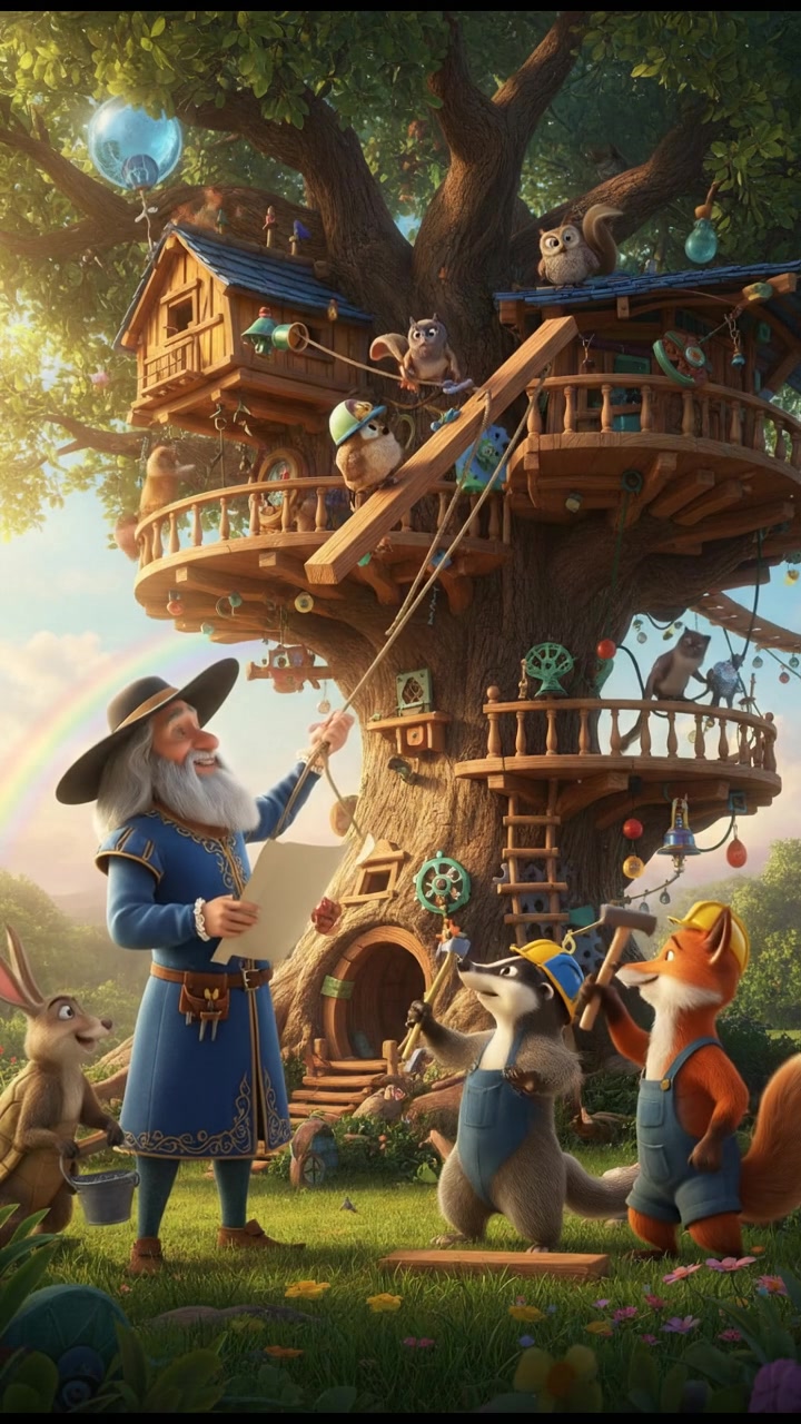 helping a group of talking animals build a treehouse, teamwork and laughter