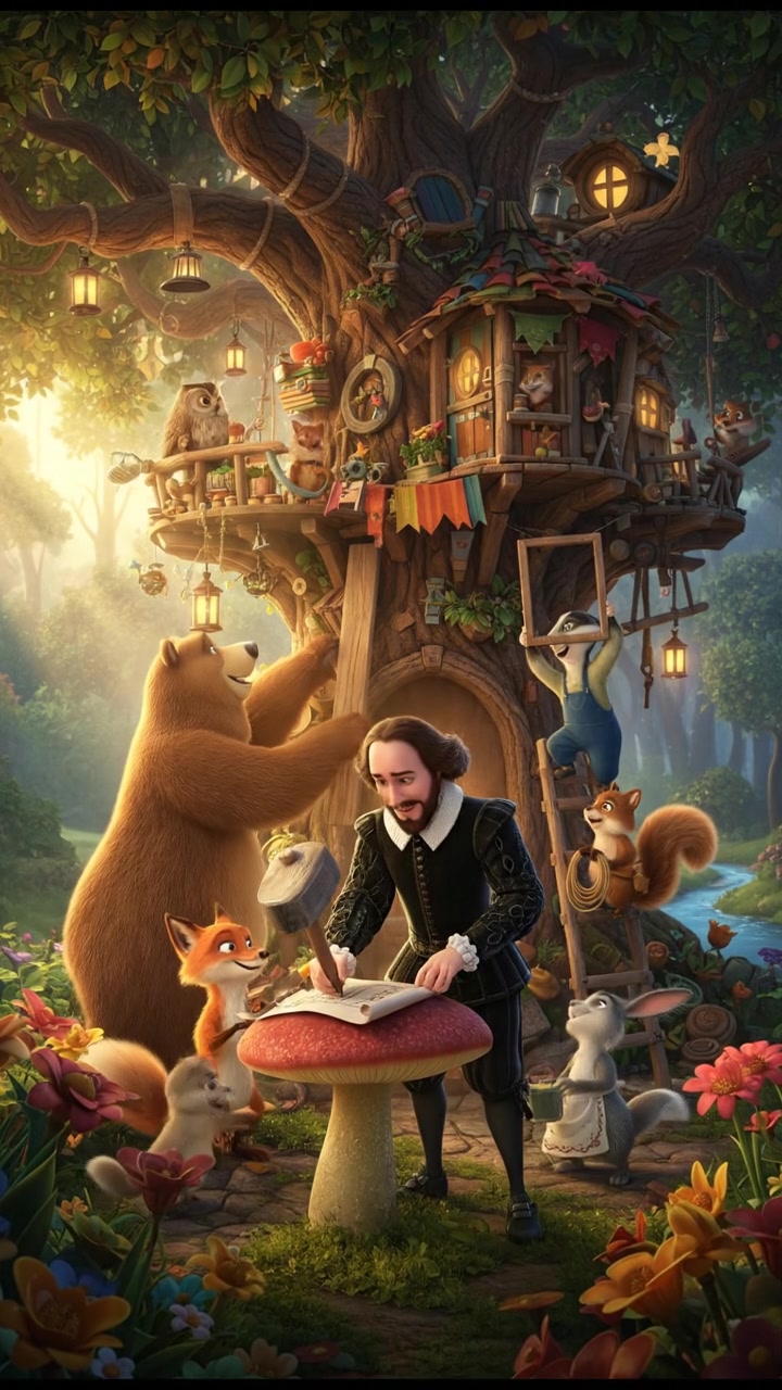 helping a group of talking animals build a treehouse, teamwork and laughter