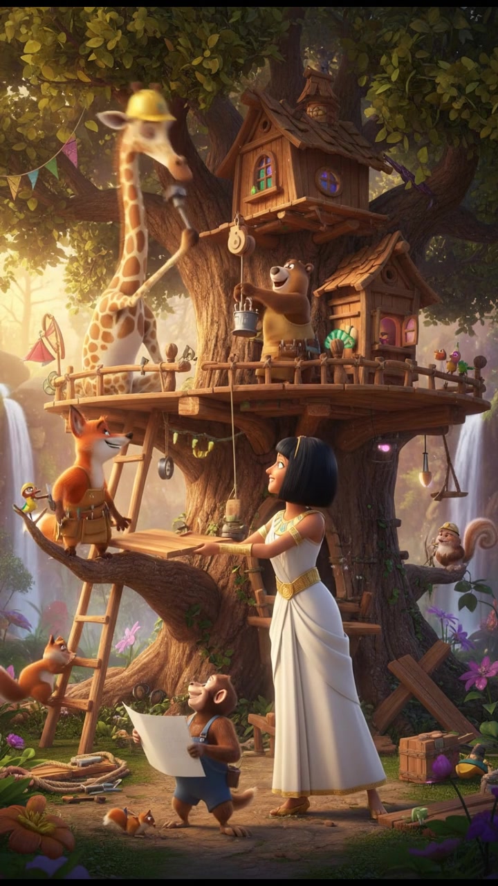 helping a group of talking animals build a treehouse, teamwork and laughter
