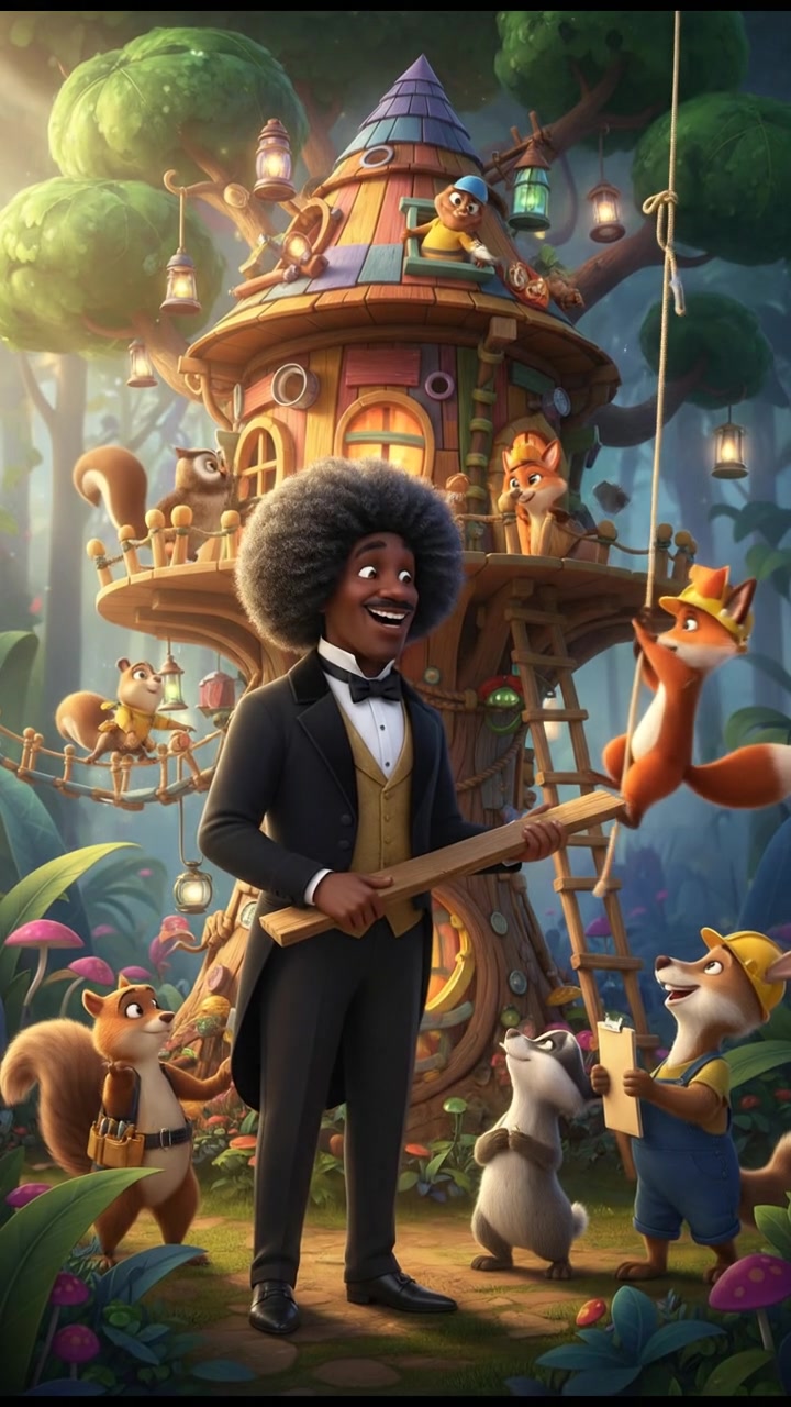 helping a group of talking animals build a treehouse, teamwork and laughter