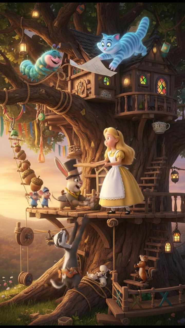 helping a group of talking animals build a treehouse, teamwork and laughter