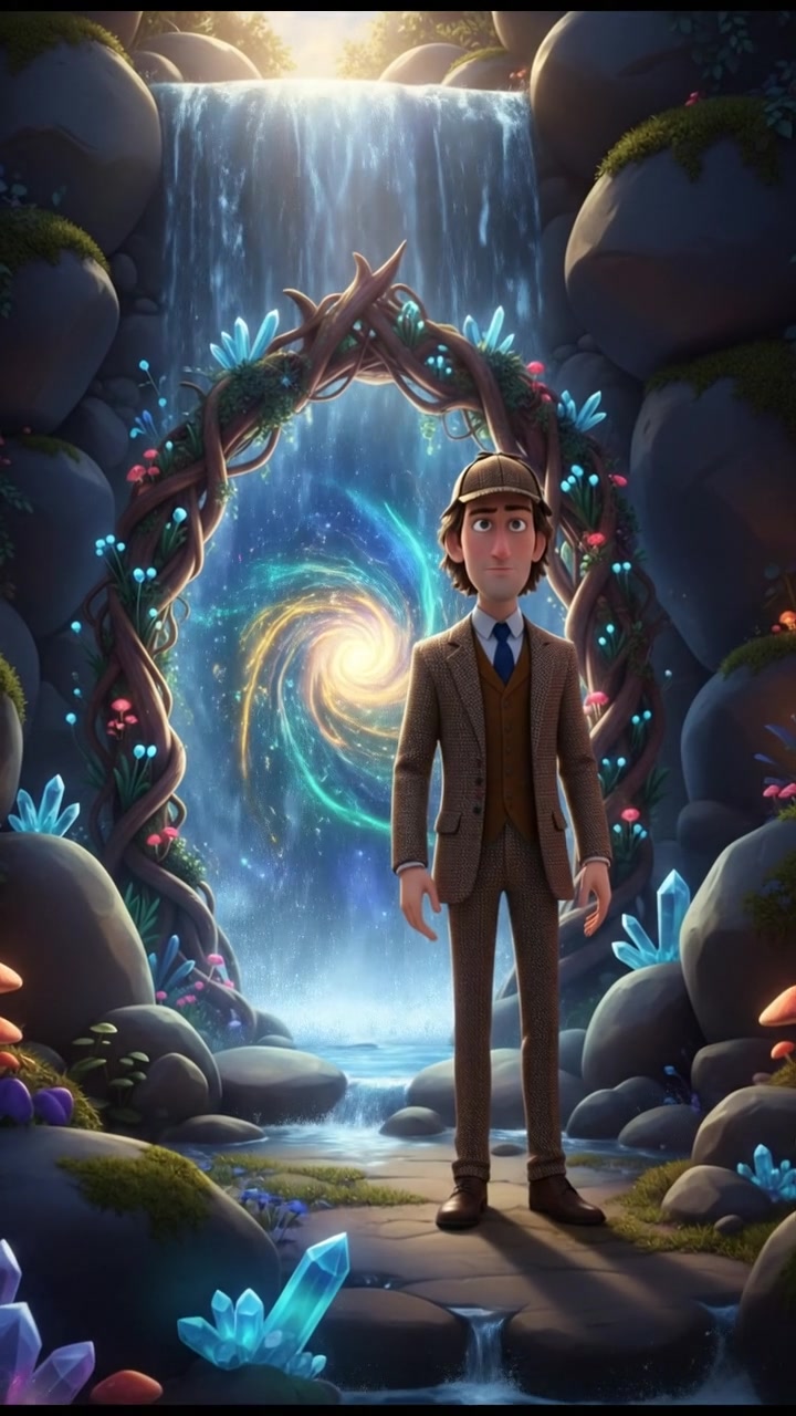 discovering a magical doorway hidden behind a waterfall, curiosity and wonder