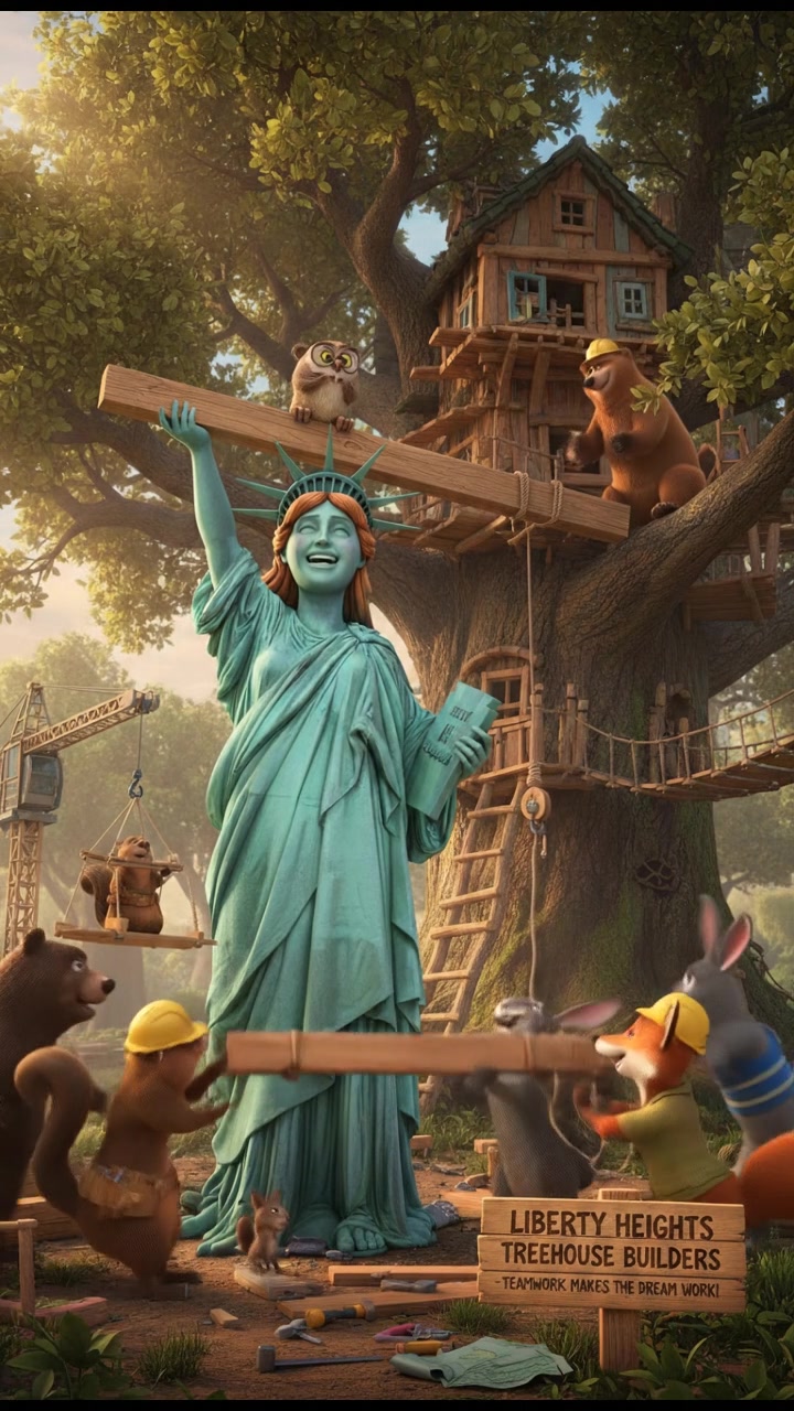 helping a group of talking animals build a treehouse, teamwork and laughter
