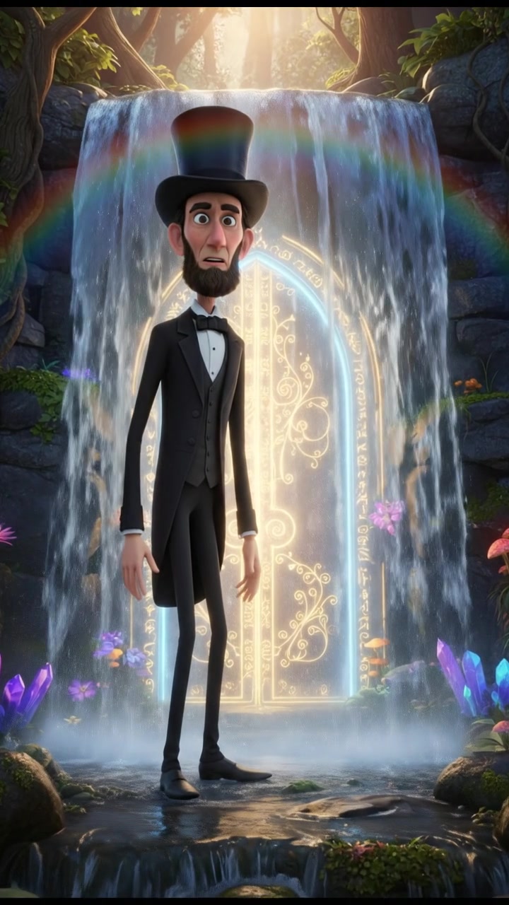 discovering a magical doorway hidden behind a waterfall, curiosity and wonder