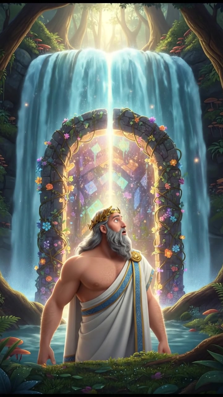 discovering a magical doorway hidden behind a waterfall, curiosity and wonder