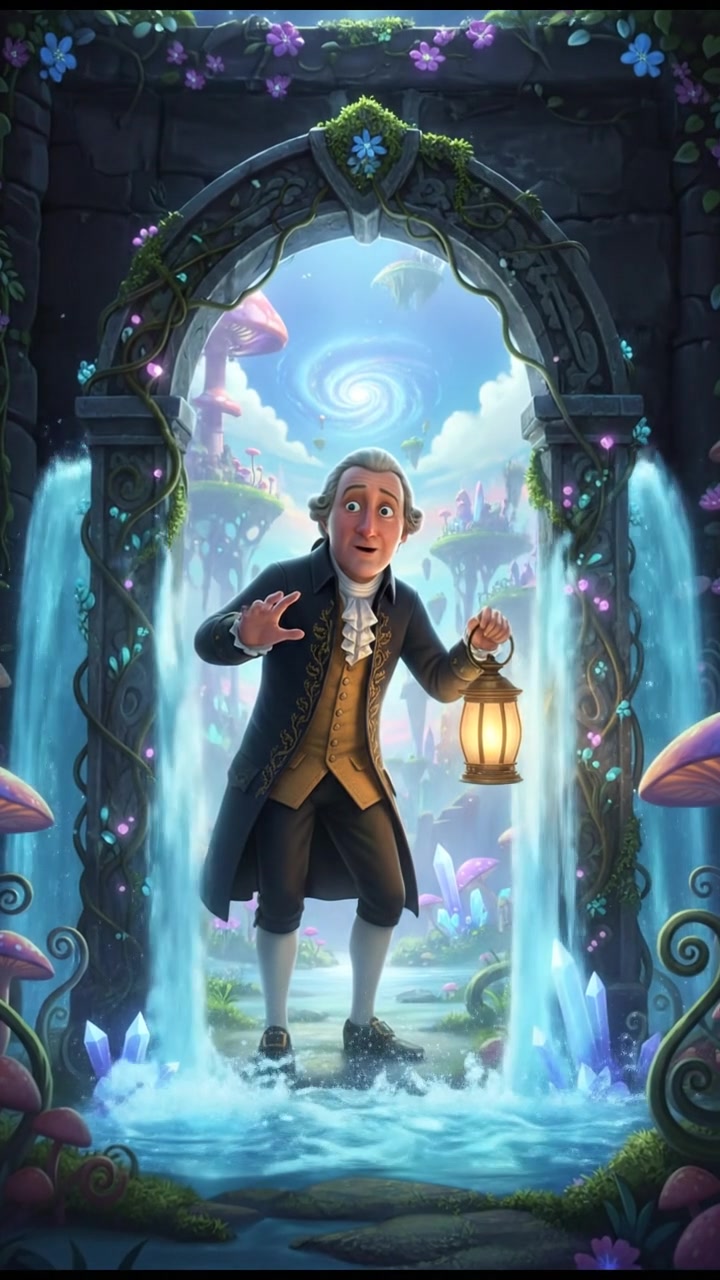 discovering a magical doorway hidden behind a waterfall, curiosity and wonder