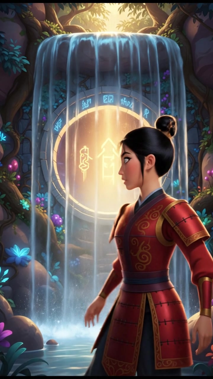 discovering a magical doorway hidden behind a waterfall, curiosity and wonder