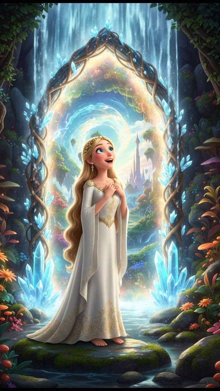 discovering a magical doorway hidden behind a waterfall, curiosity and wonder