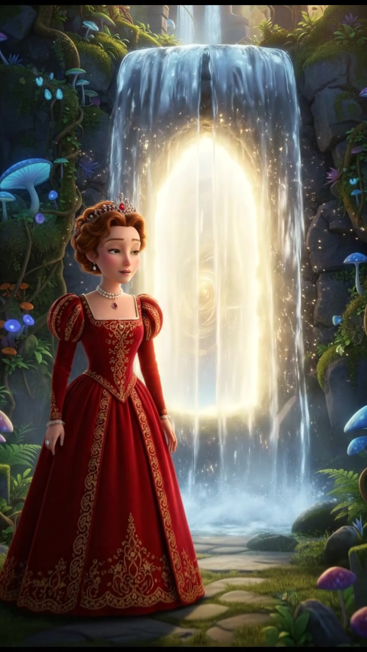 discovering a magical doorway hidden behind a waterfall, curiosity and wonder